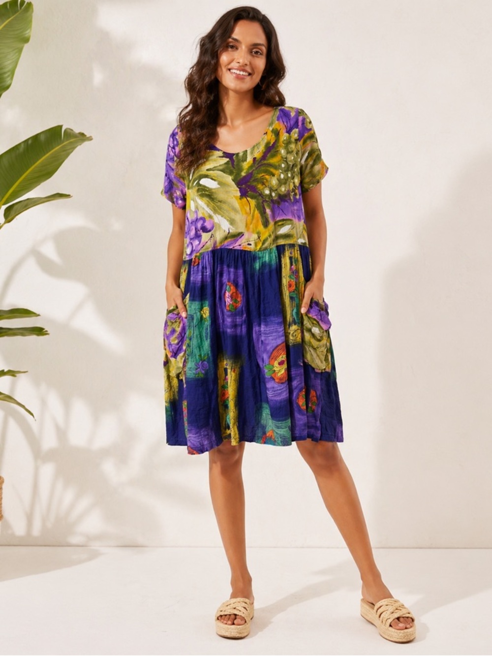 Vintage 90s Jams world grape floral mixed print dress medium Hawaii tropical